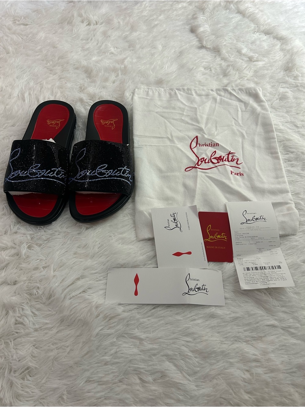 Christian Louboutin Black Crystal Logo Slide Sandals with Red Insole